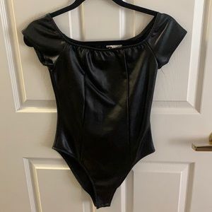 Off the shoulder faux leather/latex bodysuit